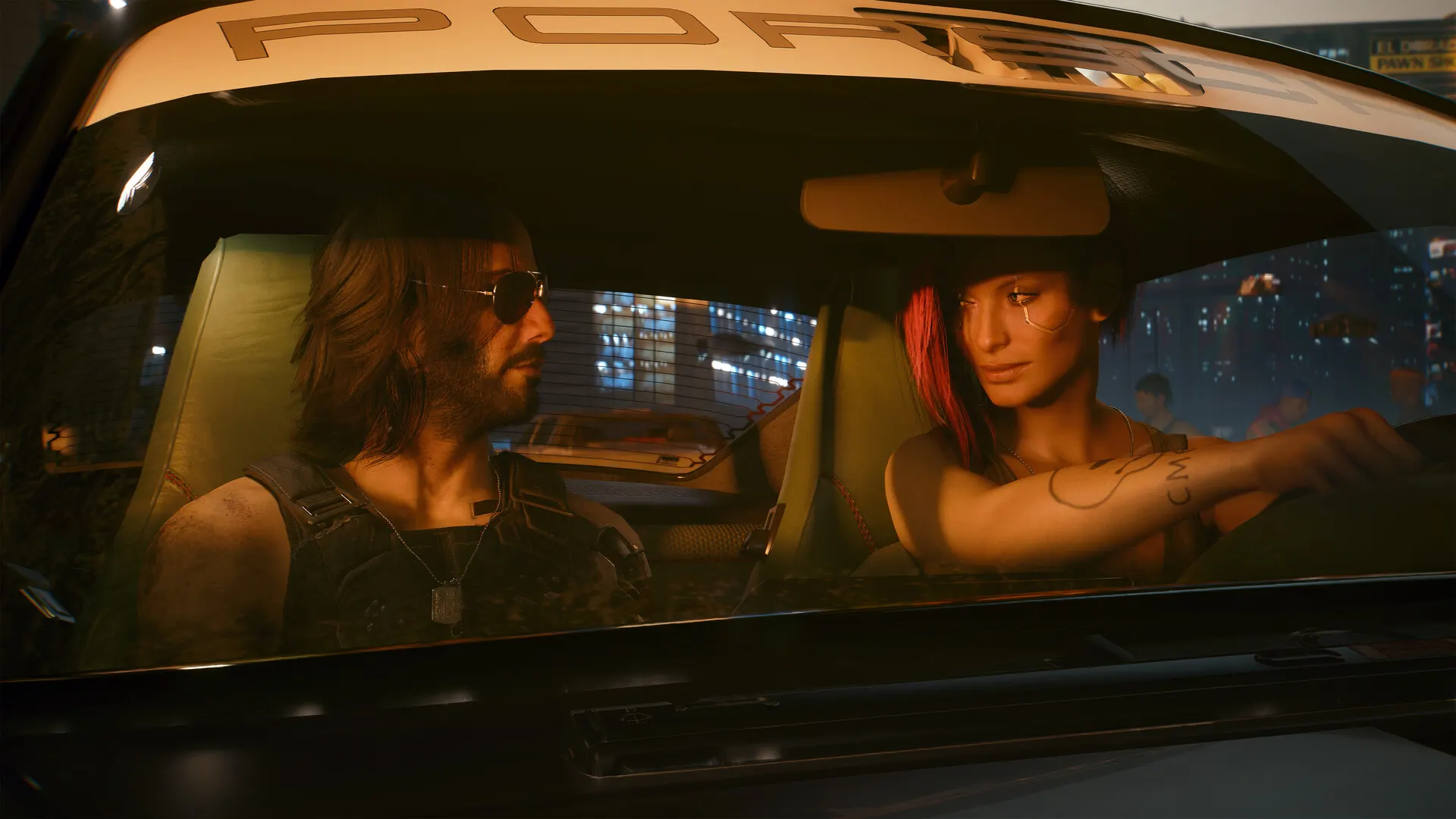 Captura de ecrã de Cyberpunk 2077 mostrando o horizonte noturno de Night City