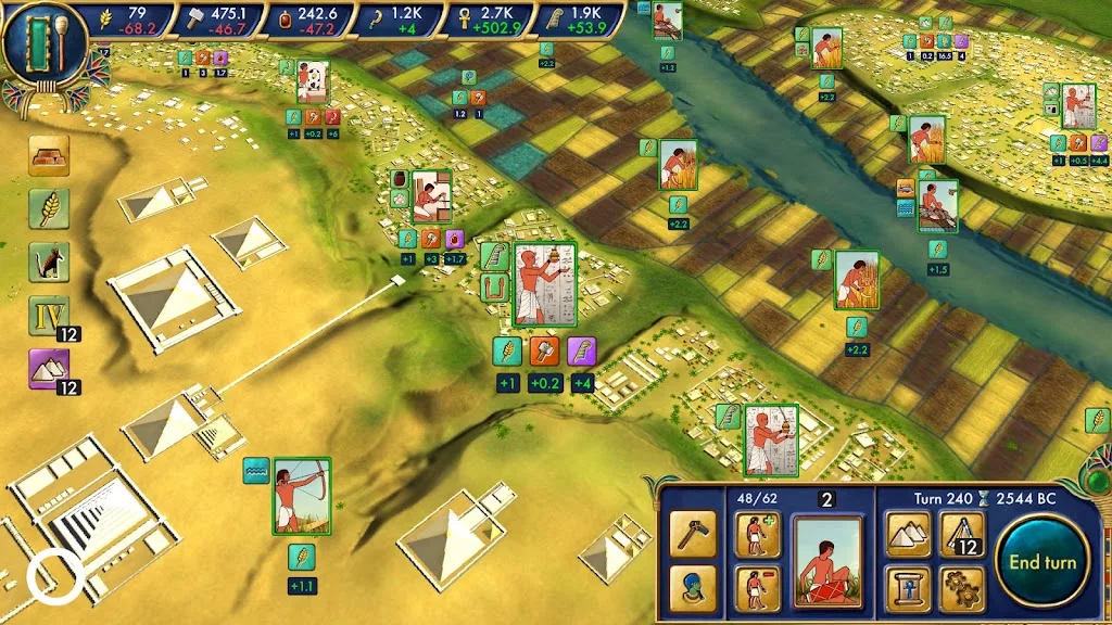 Vista do vale do Nilo em Egypt: Old Kingdom com pirâmides em construção e campos irrigados