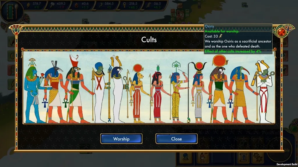 Painel de cultos em Egypt: Old Kingdom com as divindades e as opções de decisão